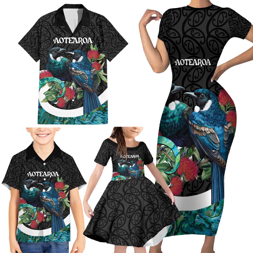 Personalised Valentine's Day New Zealand Family Matching Short Sleeve Bodycon Dress and Hawaiian Shirt Tui Bird Couple Kowhaiwhai Mix Pohutukawa