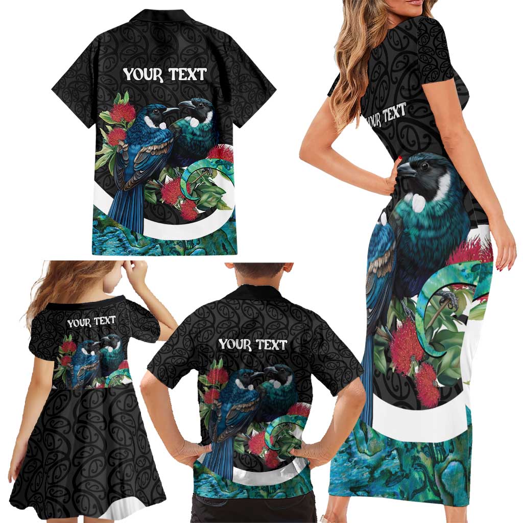 Personalised Valentine's Day New Zealand Family Matching Short Sleeve Bodycon Dress and Hawaiian Shirt Tui Bird Couple Kowhaiwhai Mix Pohutukawa