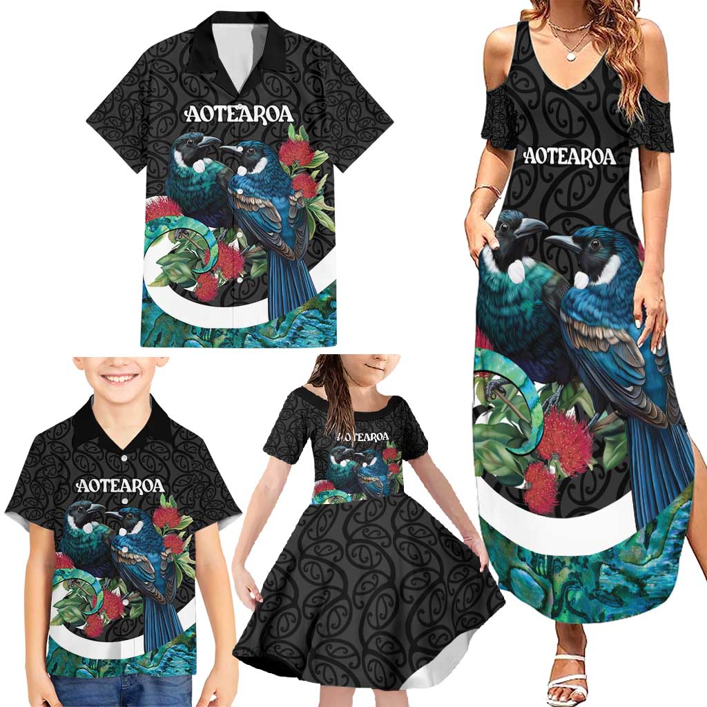 Personalised Valentine's Day New Zealand Family Matching Summer Maxi Dress and Hawaiian Shirt Tui Bird Couple Kowhaiwhai Mix Pohutukawa