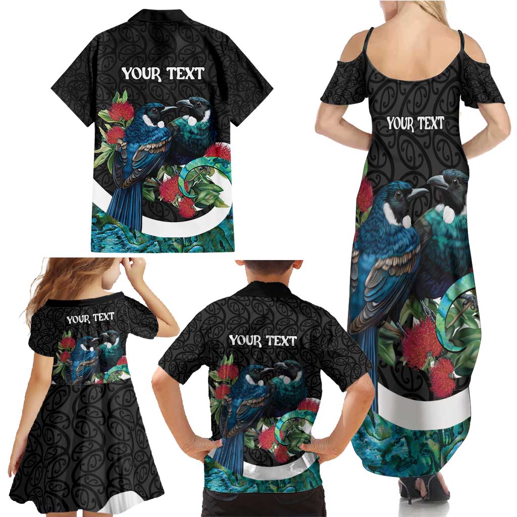 Personalised Valentine's Day New Zealand Family Matching Summer Maxi Dress and Hawaiian Shirt Tui Bird Couple Kowhaiwhai Mix Pohutukawa