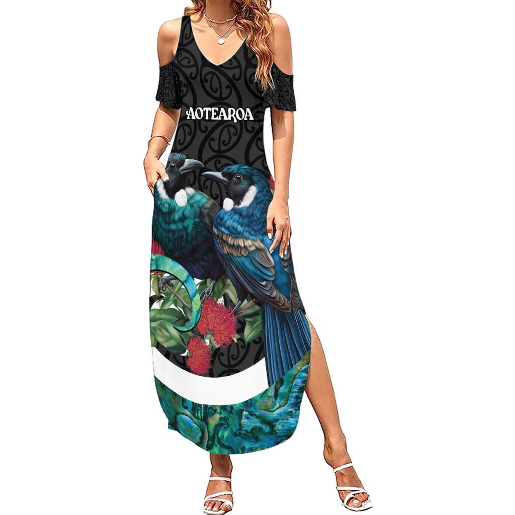 Personalised Valentine's Day New Zealand Family Matching Summer Maxi Dress and Hawaiian Shirt Tui Bird Couple Kowhaiwhai Mix Pohutukawa