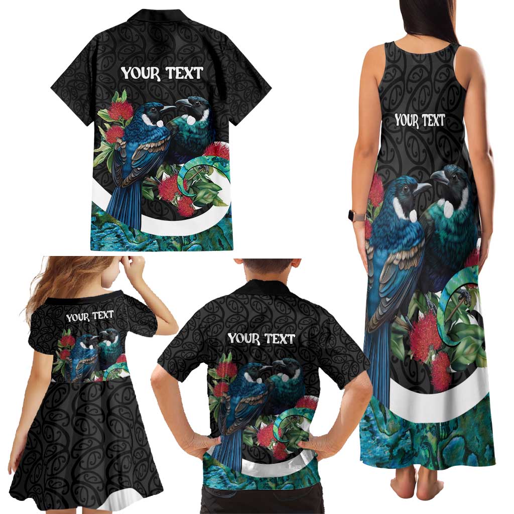 Personalised Valentine's Day New Zealand Family Matching Tank Maxi Dress and Hawaiian Shirt Tui Bird Couple Kowhaiwhai Mix Pohutukawa