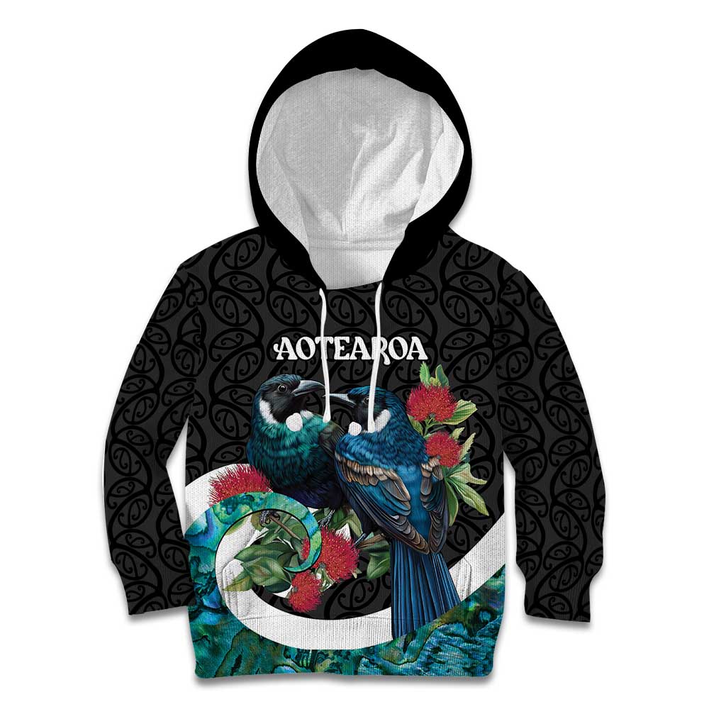 Personalised Valentine's Day New Zealand Kid Hoodie Tui Bird Couple Kowhaiwhai Mix Pohutukawa - Vibe Hoodie Shop