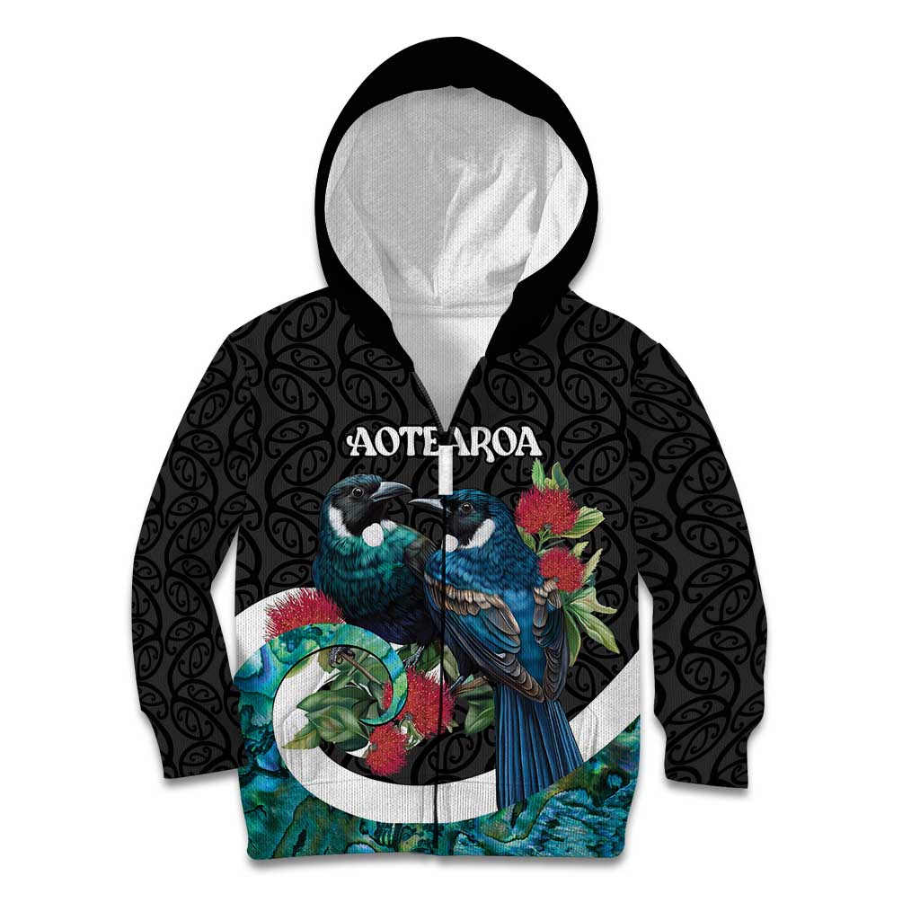 Personalised Valentine's Day New Zealand Kid Hoodie Tui Bird Couple Kowhaiwhai Mix Pohutukawa - Vibe Hoodie Shop