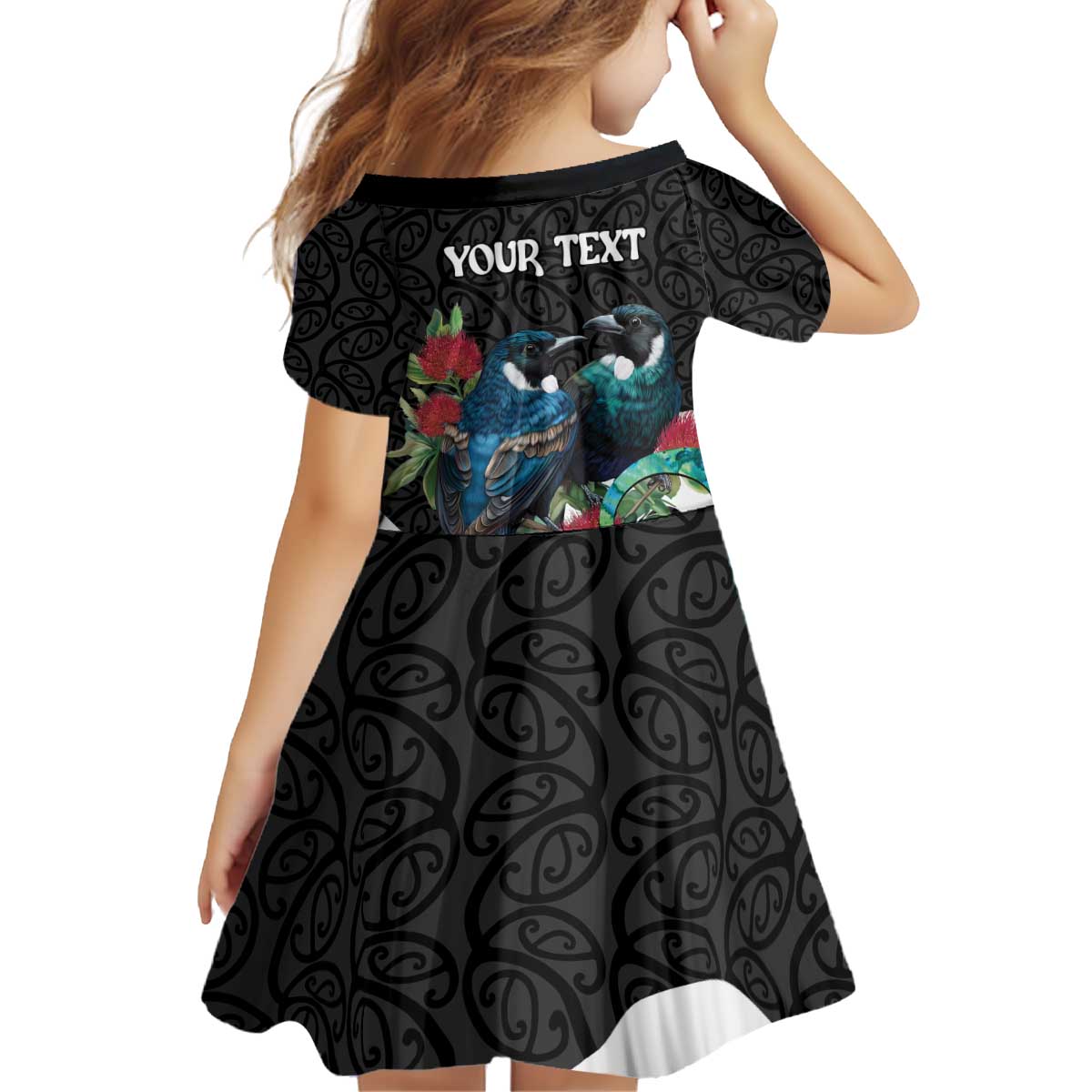 Personalised Valentine's Day New Zealand Kid Short Sleeve Dress Tui Bird Couple Kowhaiwhai Mix Pohutukawa - Vibe Hoodie Shop