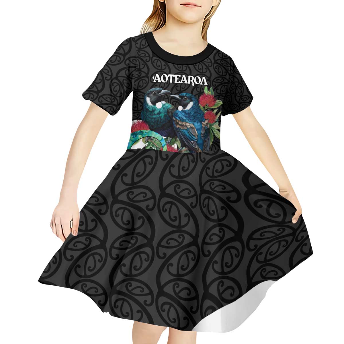 Personalised Valentine's Day New Zealand Kid Short Sleeve Dress Tui Bird Couple Kowhaiwhai Mix Pohutukawa - Vibe Hoodie Shop