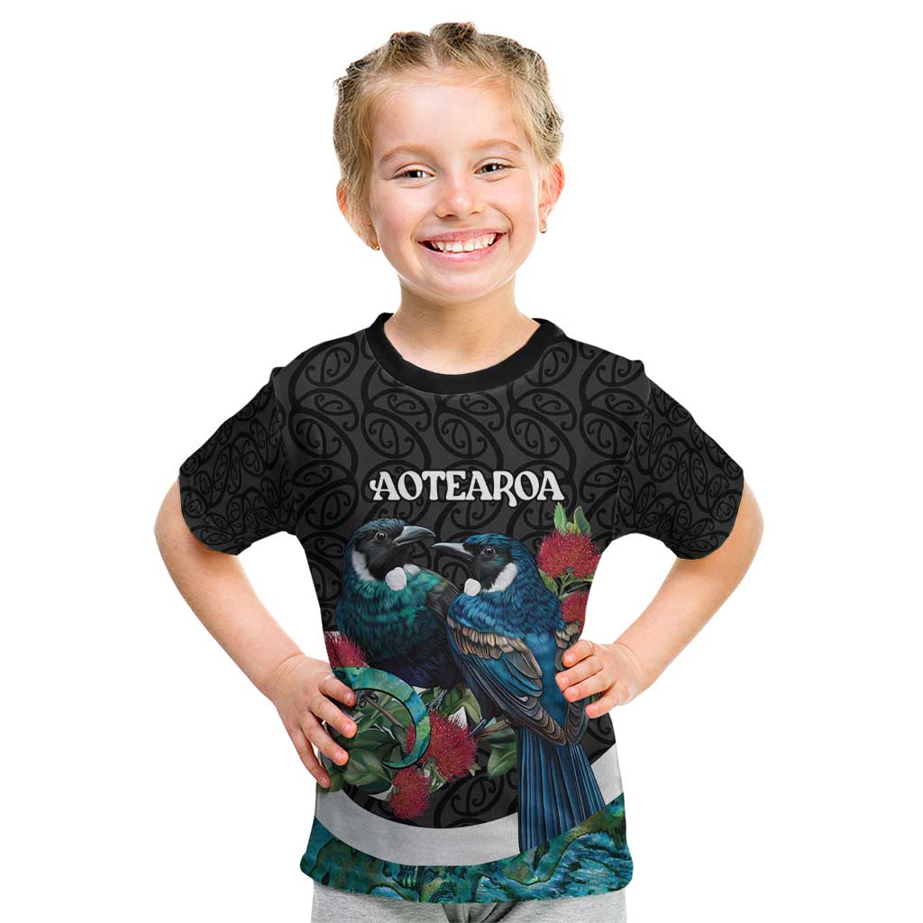 Personalised Valentine's Day New Zealand Kid T Shirt Tui Bird Couple Kowhaiwhai Mix Pohutukawa - Vibe Hoodie Shop