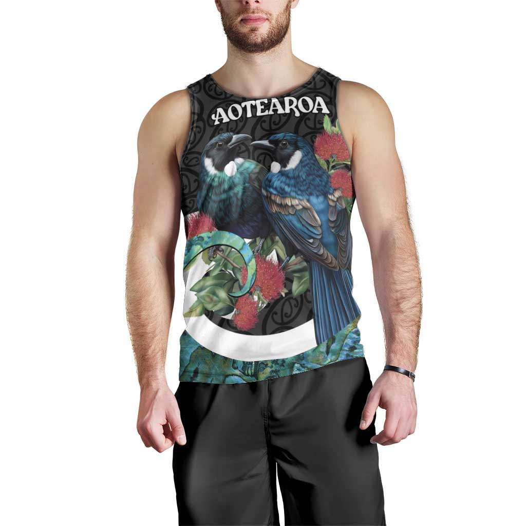 Personalised Valentine's Day New Zealand Men Tank Top Tui Bird Couple Kowhaiwhai Mix Pohutukawa - Vibe Hoodie Shop