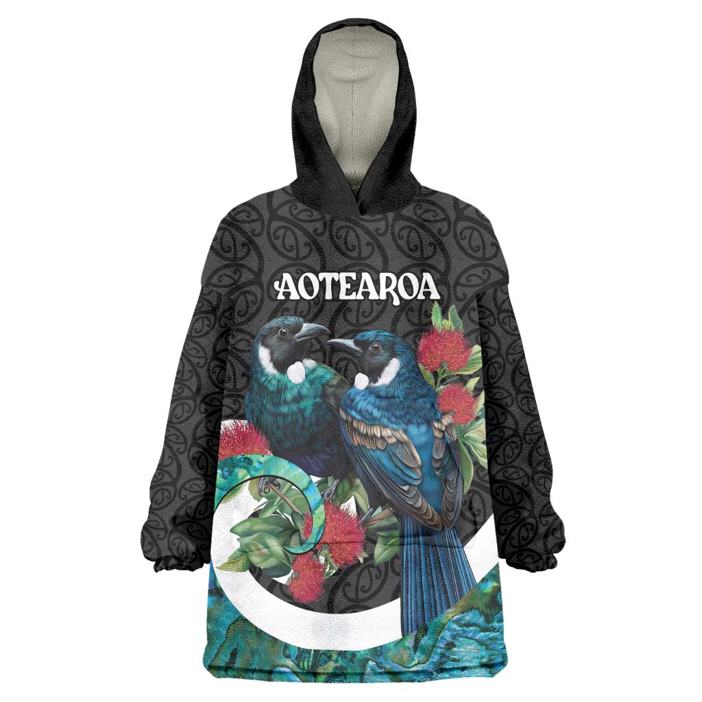 Personalised Valentine's Day New Zealand Wearable Blanket Hoodie Tui Bird Couple Kowhaiwhai Mix Pohutukawa - Vibe Hoodie Shop