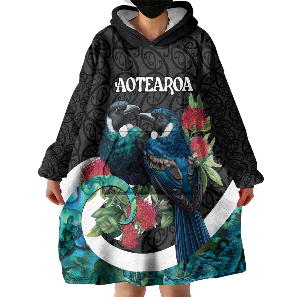 Personalised Valentine's Day New Zealand Wearable Blanket Hoodie Tui Bird Couple Kowhaiwhai Mix Pohutukawa - Vibe Hoodie Shop