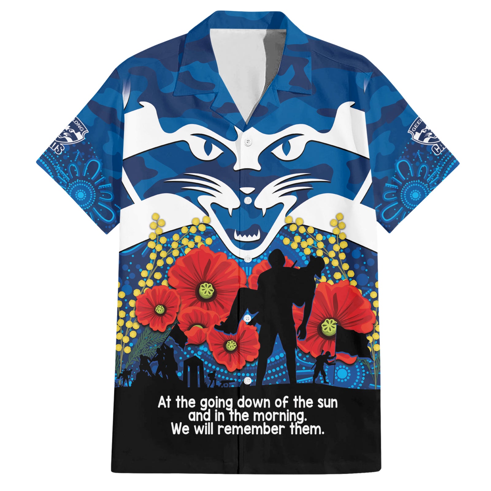 Custom Geelong Football ANZAC Hawaiian Shirt Gallipoli Camouflage With Poppies - Vibe Hoodie Shop