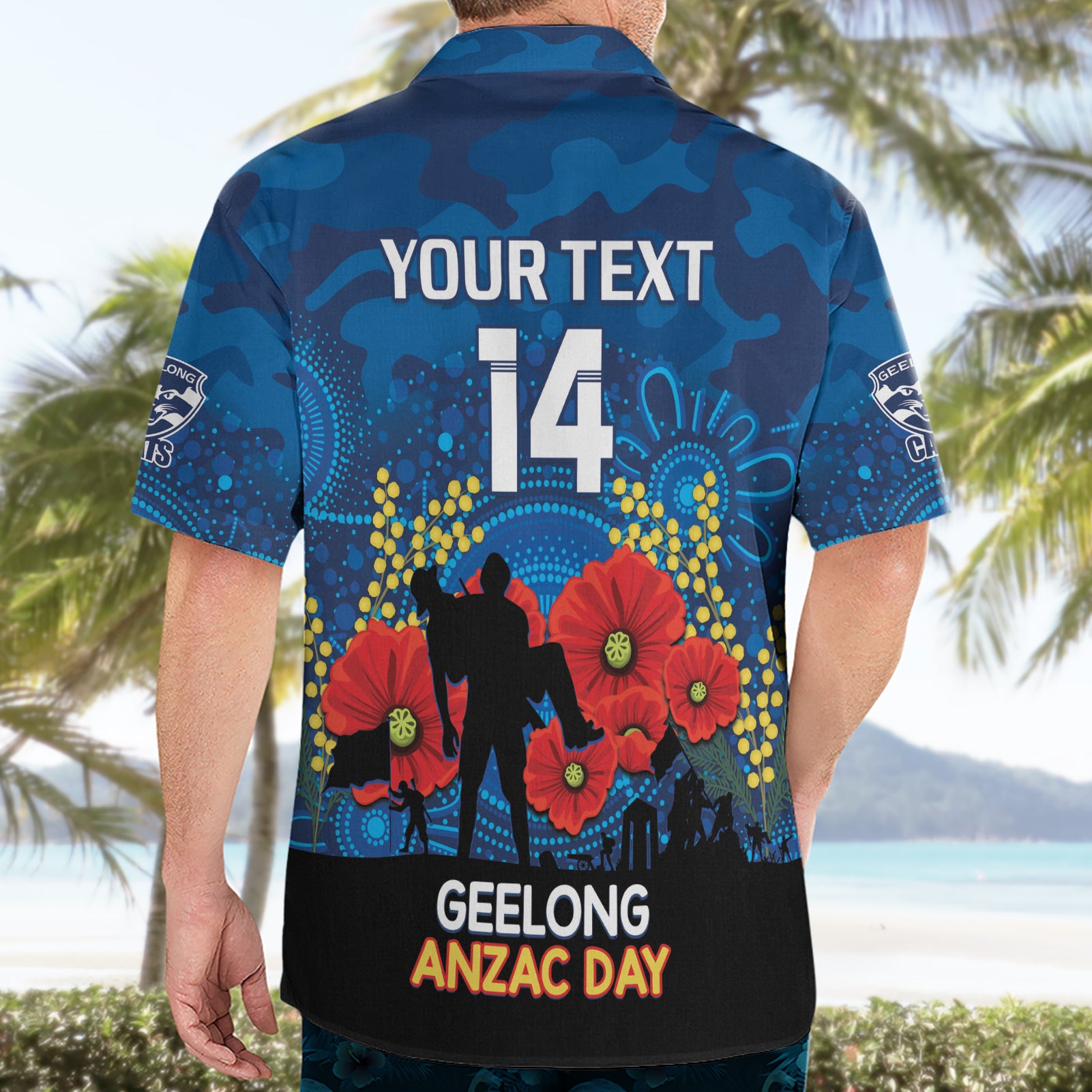 Custom Geelong Football ANZAC Hawaiian Shirt Gallipoli Camouflage With Poppies - Vibe Hoodie Shop