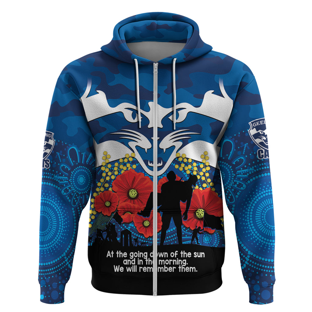 Custom Geelong Football ANZAC Hoodie Gallipoli Camouflage With Poppies - Vibe Hoodie Shop