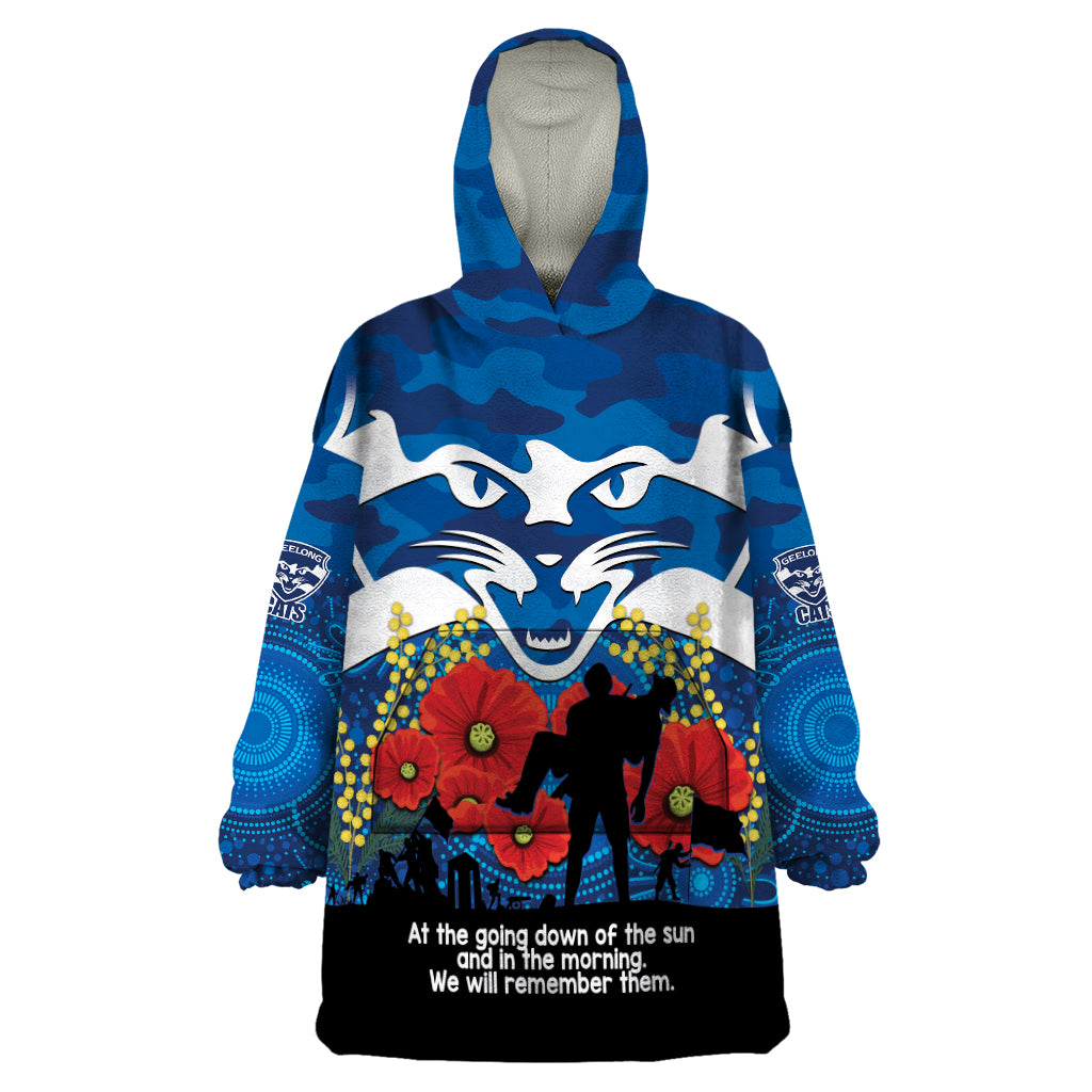 Custom Geelong Football ANZAC Wearable Blanket Hoodie Gallipoli Camouflage With Poppies - Vibe Hoodie Shop