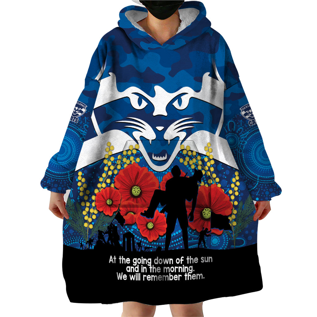 Custom Geelong Football ANZAC Wearable Blanket Hoodie Gallipoli Camouflage With Poppies - Vibe Hoodie Shop