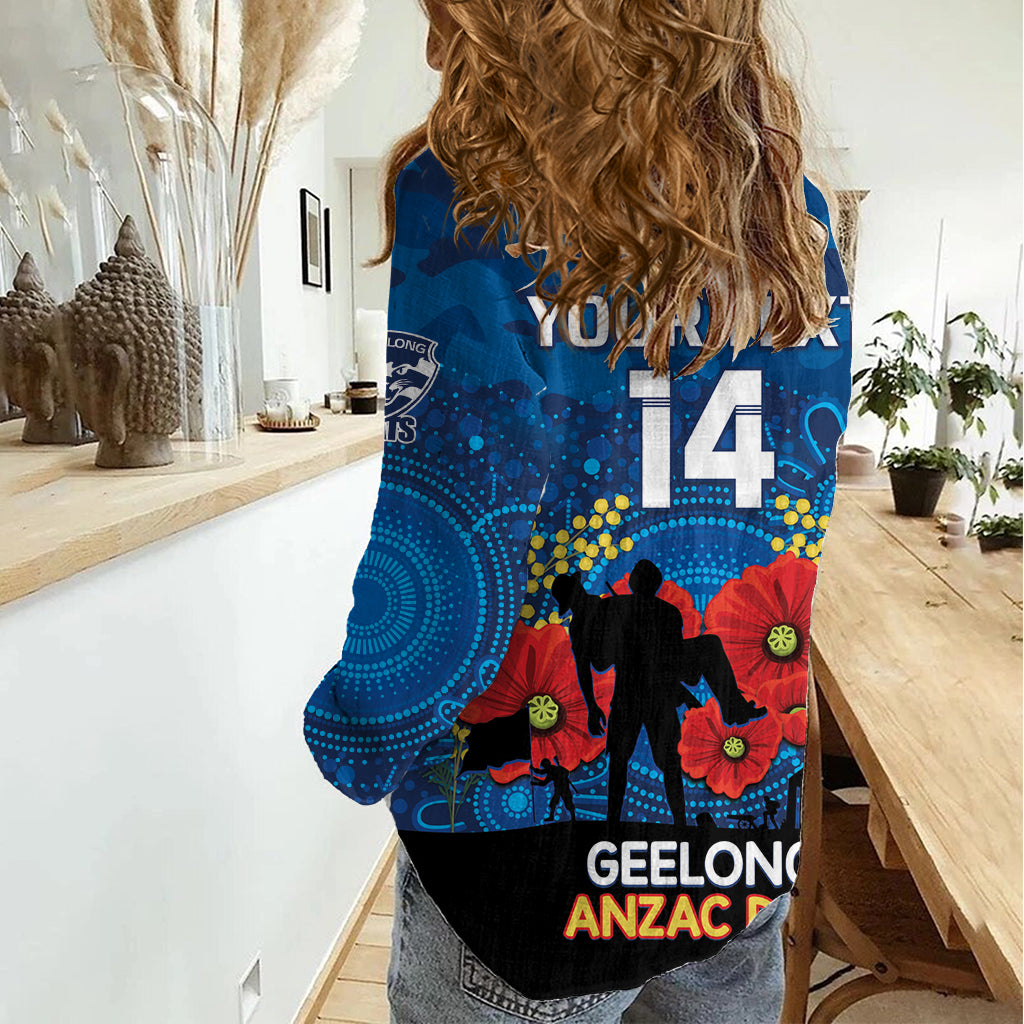 Custom Geelong Football ANZAC Women Casual Shirt Gallipoli Camouflage With Poppies - Vibe Hoodie Shop