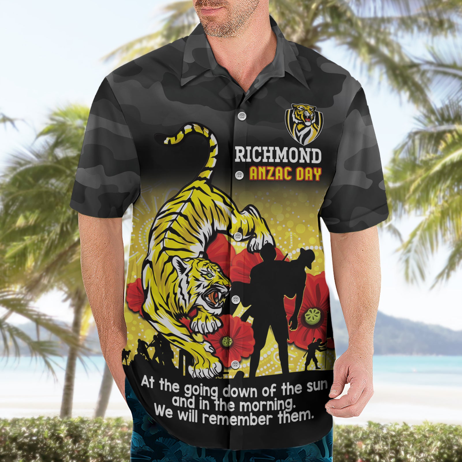 Custom Richmond Football ANZAC Hawaiian Shirt Gallipoli Camouflage With Poppies - Vibe Hoodie Shop