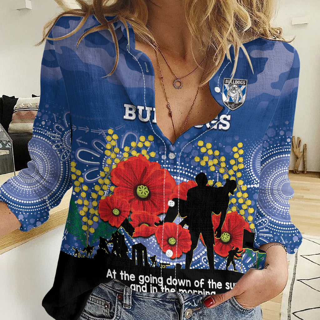 Custom Bulldogs Football ANZAC Women Casual Shirt Gallipoli Camouflage With Poppies - Vibe Hoodie Shop