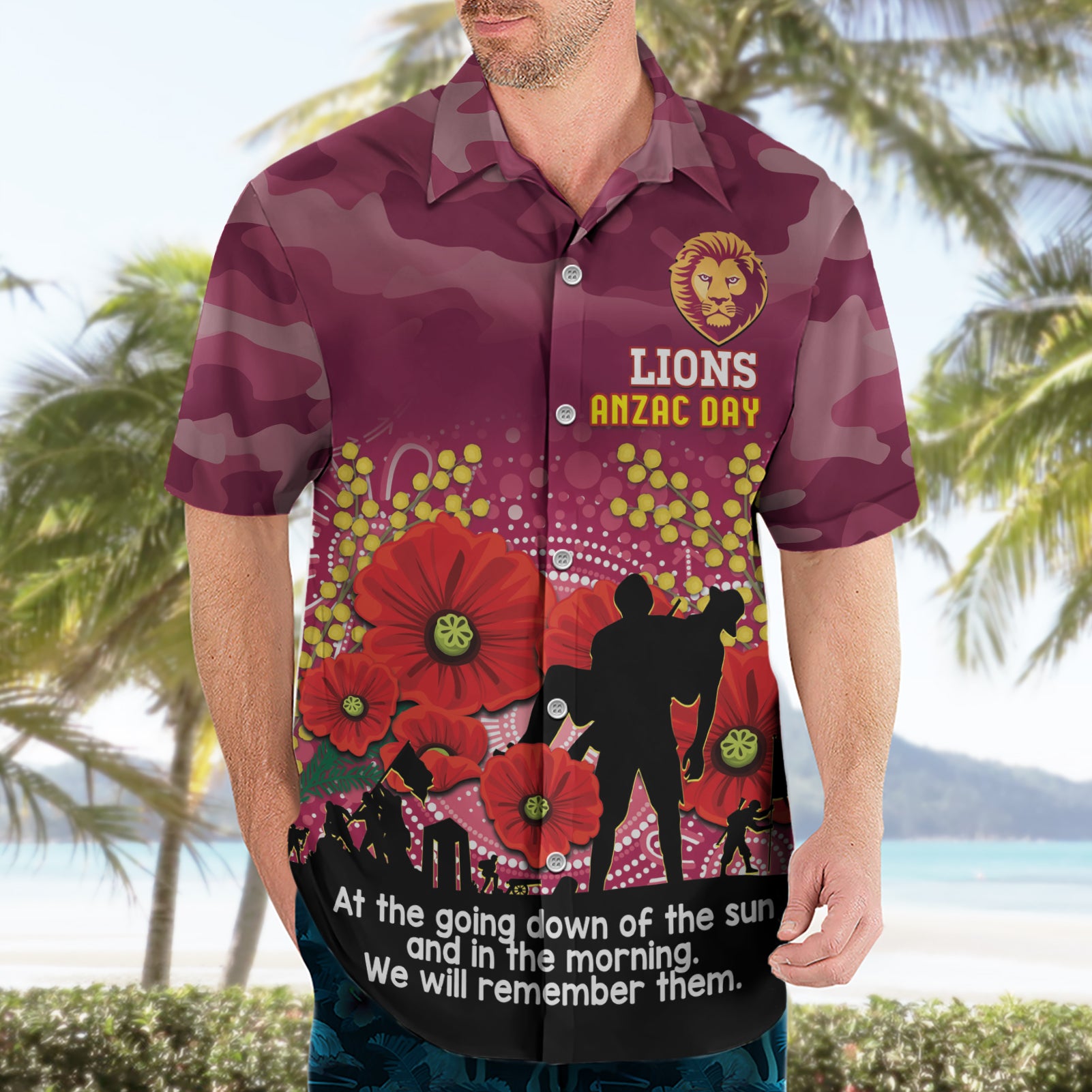 Custom Lions Football ANZAC Hawaiian Shirt Gallipoli Camouflage With Poppies - Vibe Hoodie Shop