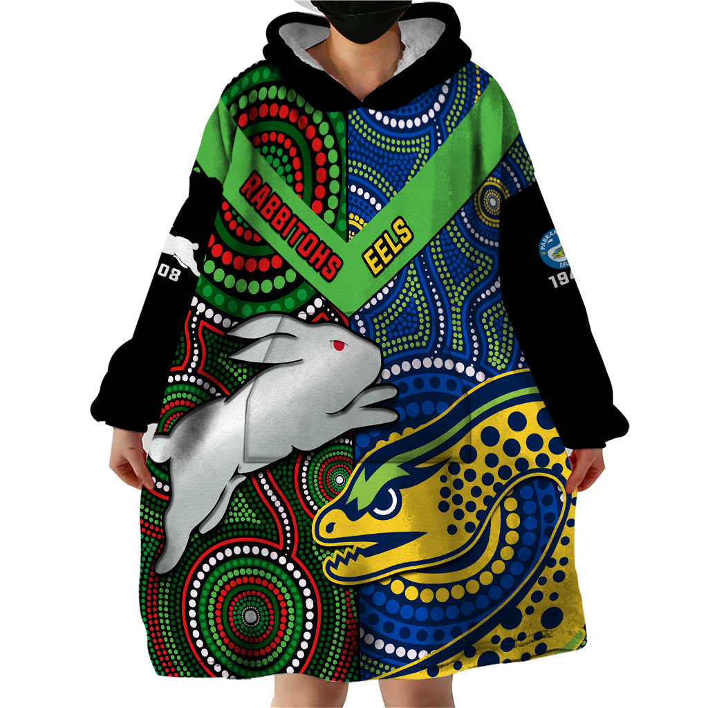 Rabbitohs Mix Eels Rugby Wearable Blanket Hoodie Souths And Parra Indigenous - Vibe Hoodie Shop