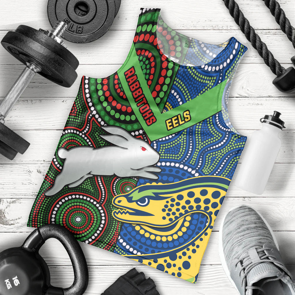 (Custom Text And Number) Rabbitohs Mix Eels Rugby Men Tank Top Souths And Parra Indigenous - Vibe Hoodie Shop