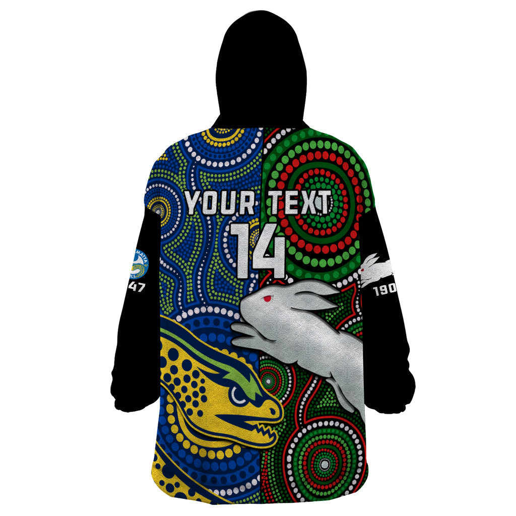 (Custom Text And Number) Rabbitohs Mix Eels Rugby Wearable Blanket Hoodie Souths And Parra Indigenous - Vibe Hoodie Shop