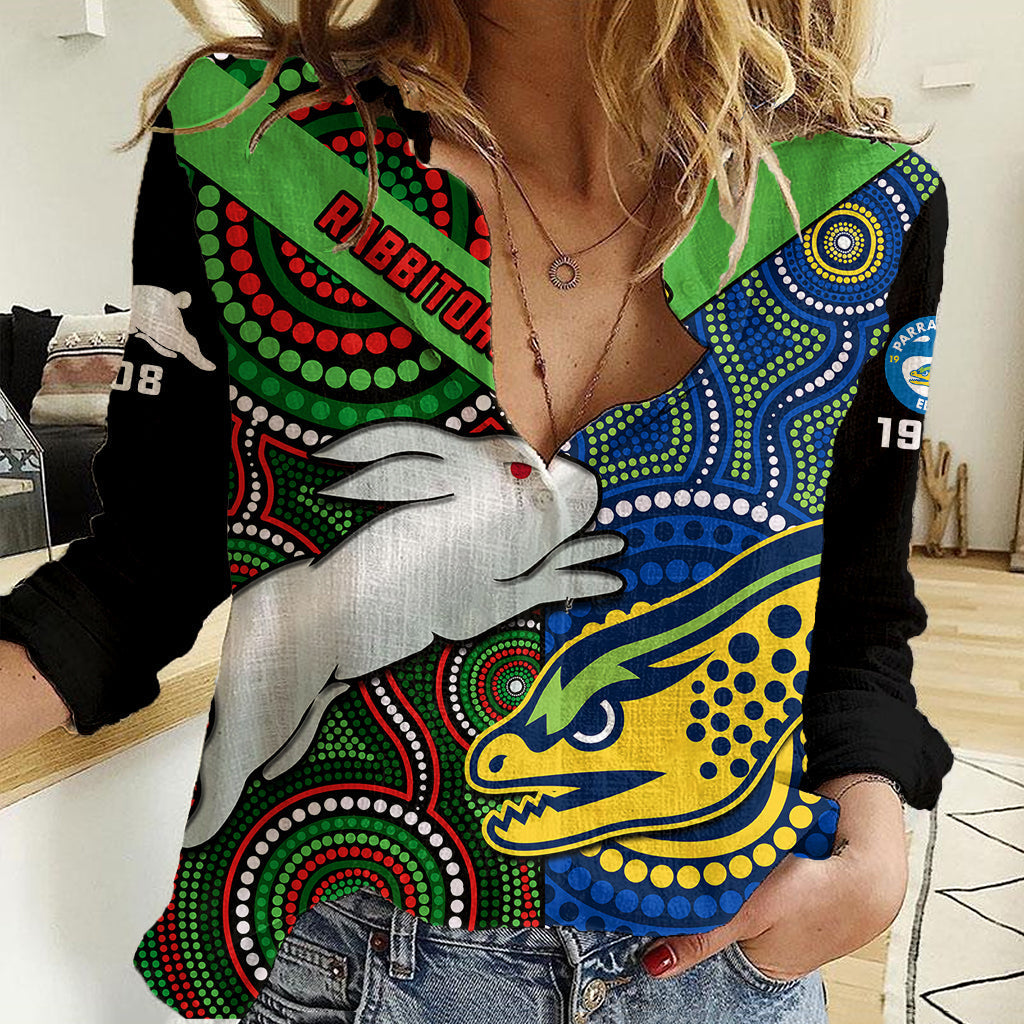 (Custom Text And Number) Rabbitohs Mix Eels Rugby Women Casual Shirt Souths And Parra Indigenous - Vibe Hoodie Shop