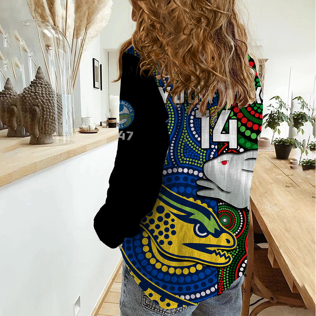 (Custom Text And Number) Rabbitohs Mix Eels Rugby Women Casual Shirt Souths And Parra Indigenous - Vibe Hoodie Shop