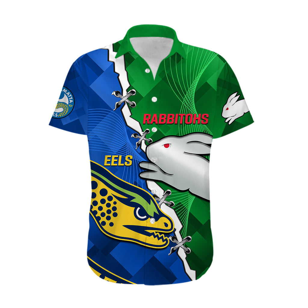 (Custom Personalised) Rabbitohs Mix Eels Rugby Hawaiian Shirt Souths And Parra Sporty Style - Vibe Hoodie Shop