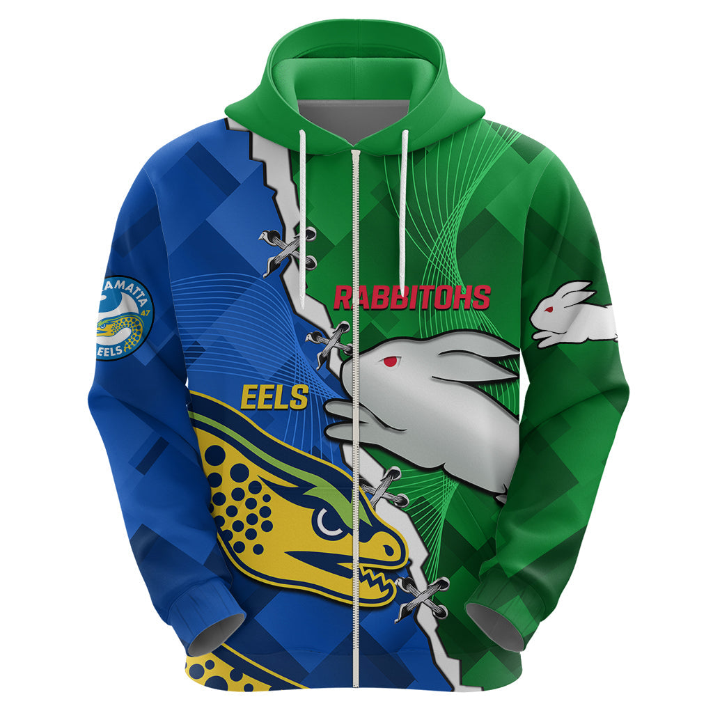 (Custom Personalised) Rabbitohs Mix Eels Rugby Hoodie Souths And Parra Sporty Style - Vibe Hoodie Shop