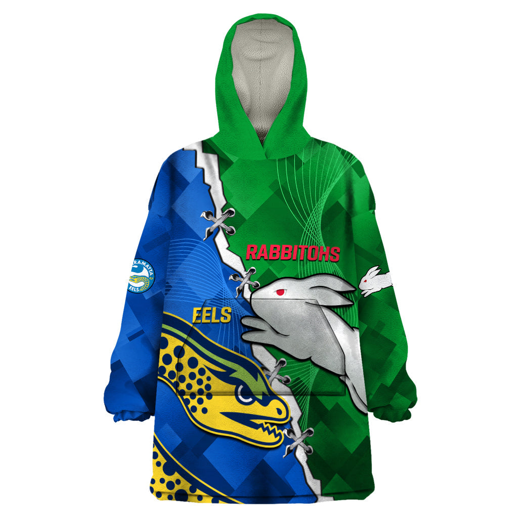 (Custom Personalised) Rabbitohs Mix Eels Rugby Wearable Blanket Hoodie Souths And Parra Sporty Style - Vibe Hoodie Shop