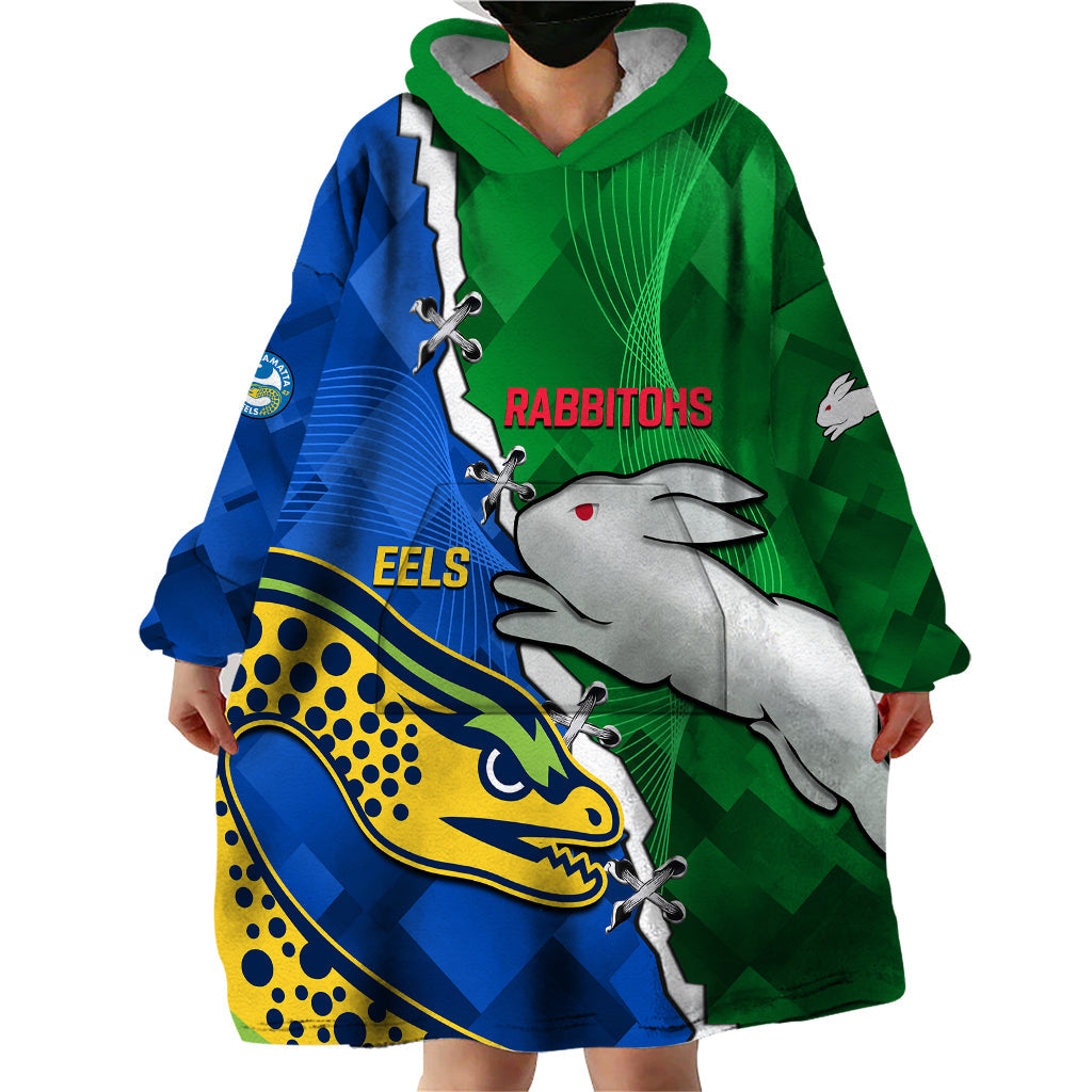 (Custom Personalised) Rabbitohs Mix Eels Rugby Wearable Blanket Hoodie Souths And Parra Sporty Style - Vibe Hoodie Shop