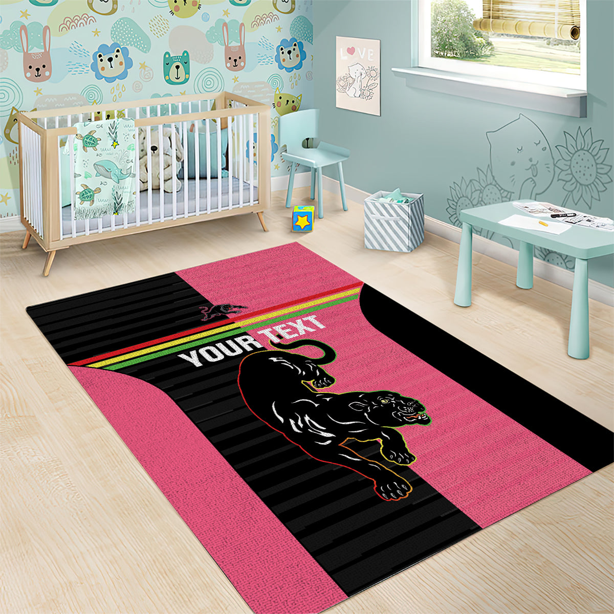 Custom Panthers Rugby Area Rug Black Pink Color Sporty Style - Vibe Hoodie Shop