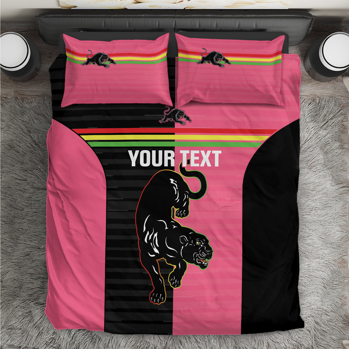 Custom Panthers Rugby Bedding Set Black Pink Color Sporty Style - Vibe Hoodie Shop