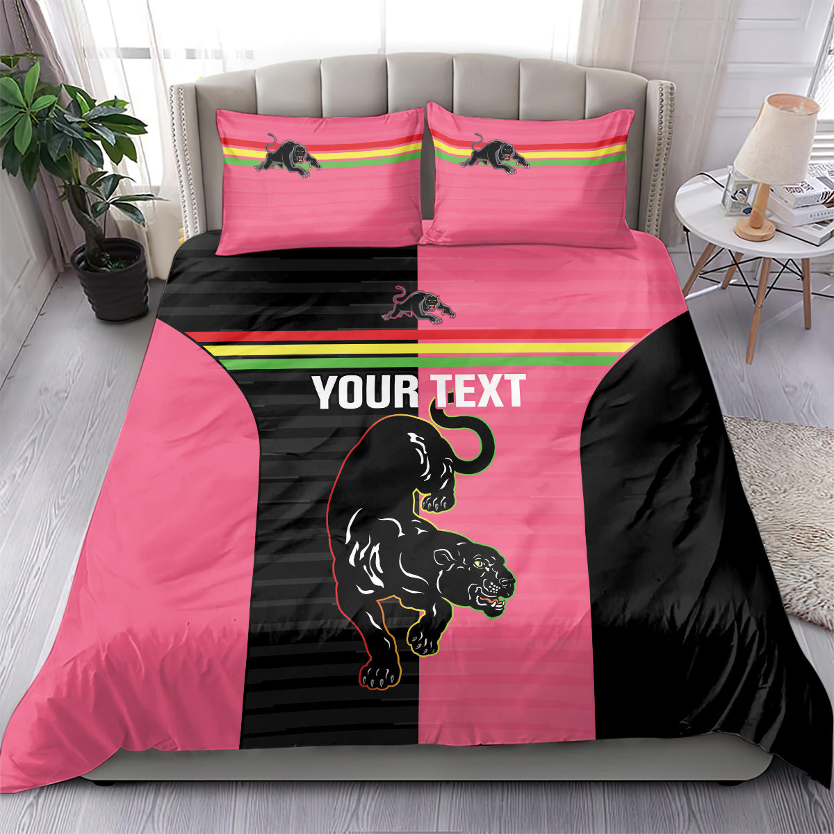 Custom Panthers Rugby Bedding Set Black Pink Color Sporty Style - Vibe Hoodie Shop