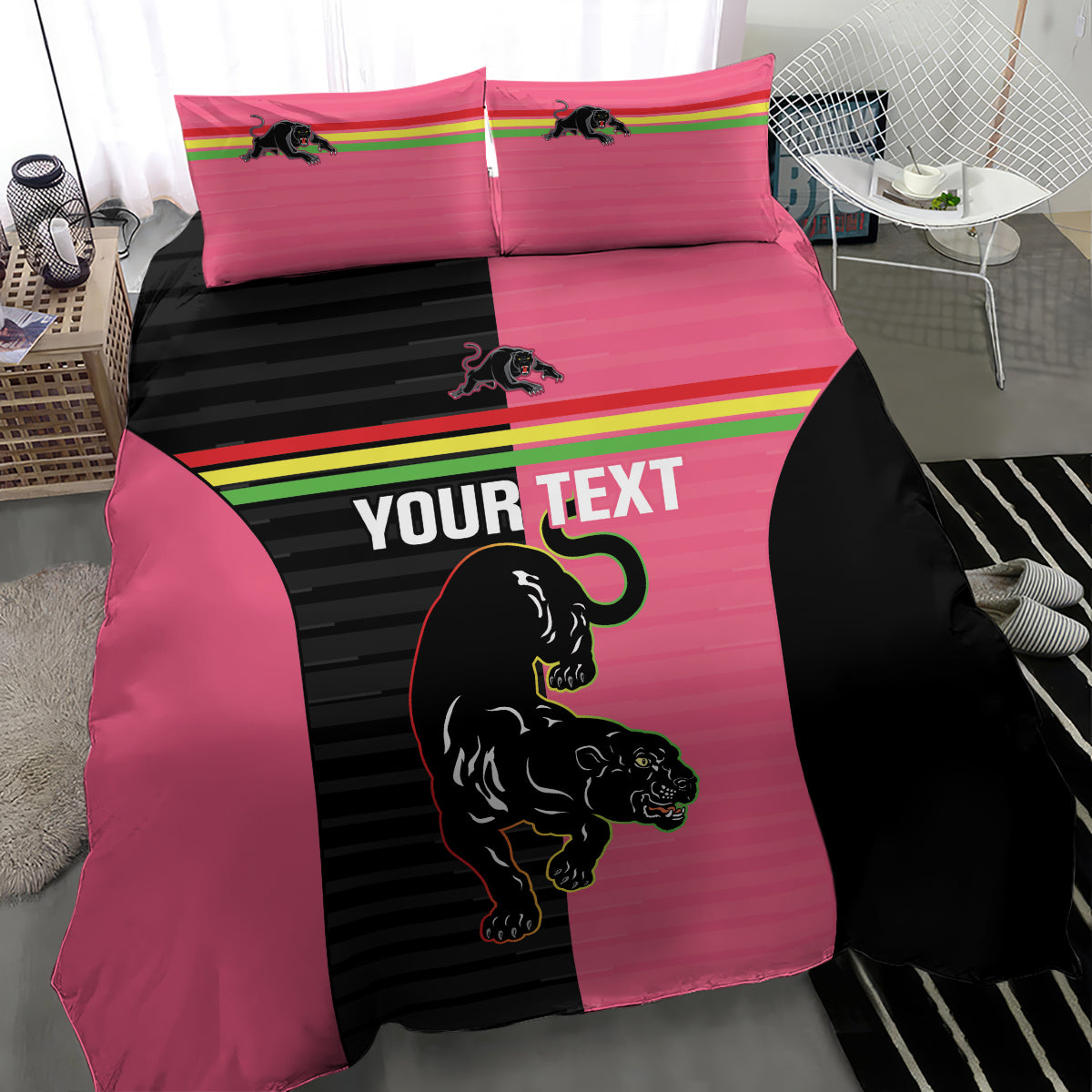 Custom Panthers Rugby Bedding Set Black Pink Color Sporty Style - Vibe Hoodie Shop