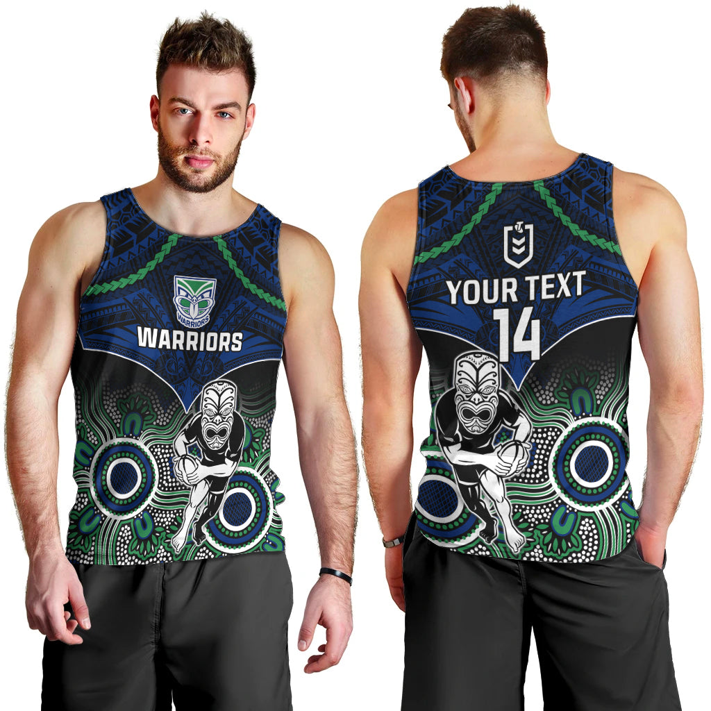 Personalised Warriors Rugby Men Tank Top NZ Aboriginal Mix Polynesian Pattern - Vibe Hoodie Shop