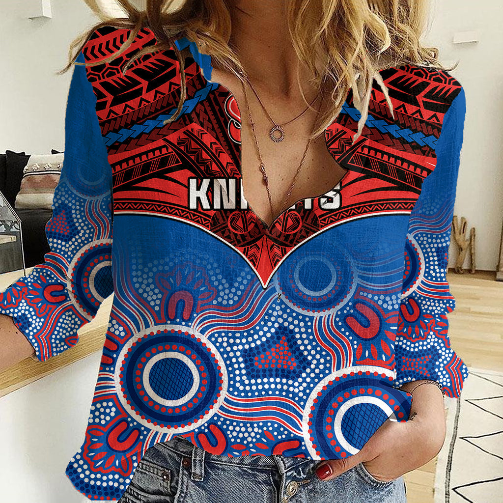 Knights Rugby Women Casual Shirt Aboriginal Mix Polynesian Pattern - Vibe Hoodie Shop