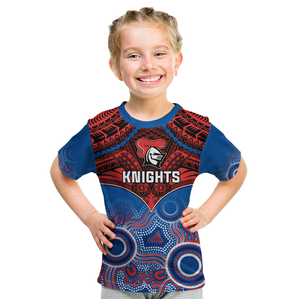 Personalised Knights Rugby Kid T Shirt Aboriginal Mix Polynesian Pattern - Vibe Hoodie Shop