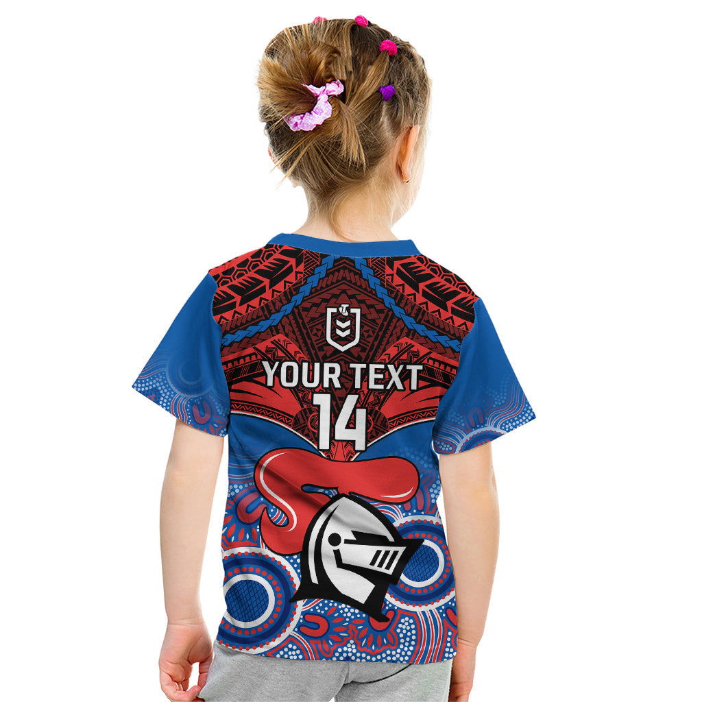 Personalised Knights Rugby Kid T Shirt Aboriginal Mix Polynesian Pattern - Vibe Hoodie Shop