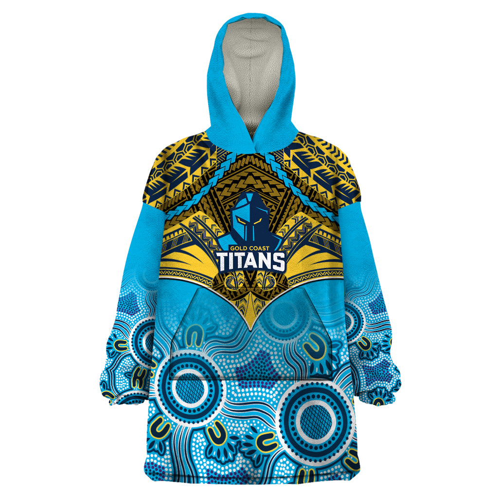 Personalised Titans Rugby Wearable Blanket Hoodie Aboriginal Mix Polynesian Pattern - Vibe Hoodie Shop