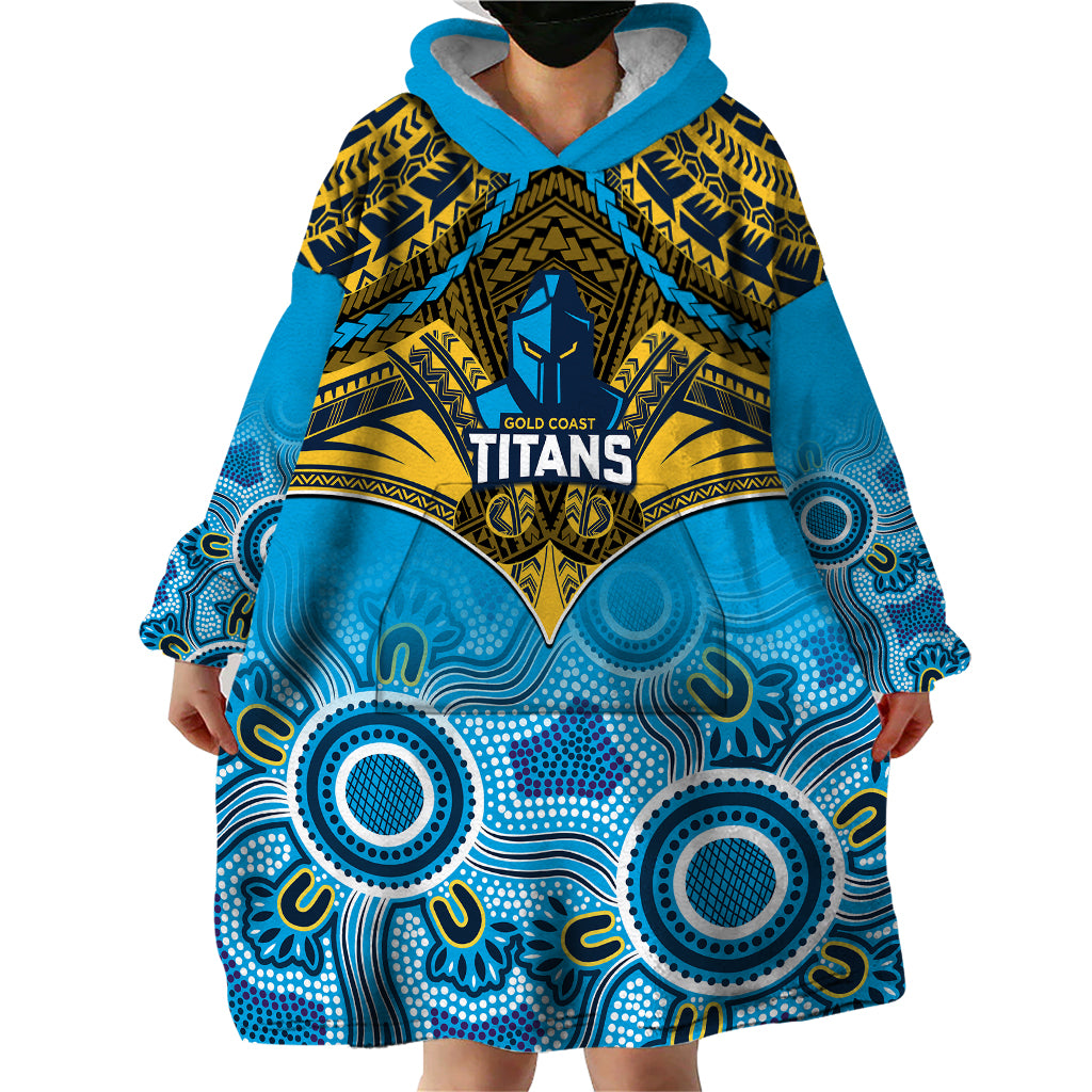 Personalised Titans Rugby Wearable Blanket Hoodie Aboriginal Mix Polynesian Pattern - Vibe Hoodie Shop