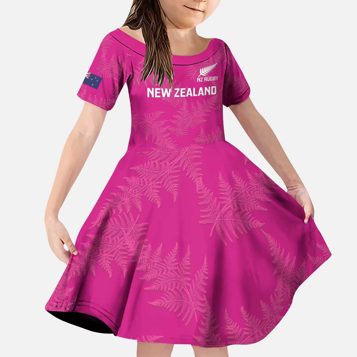 Custom New Zealand Silver Fern Rugby Kid Short Sleeve Dress Go Aotearoa - Pink Version - Vibe Hoodie Shop