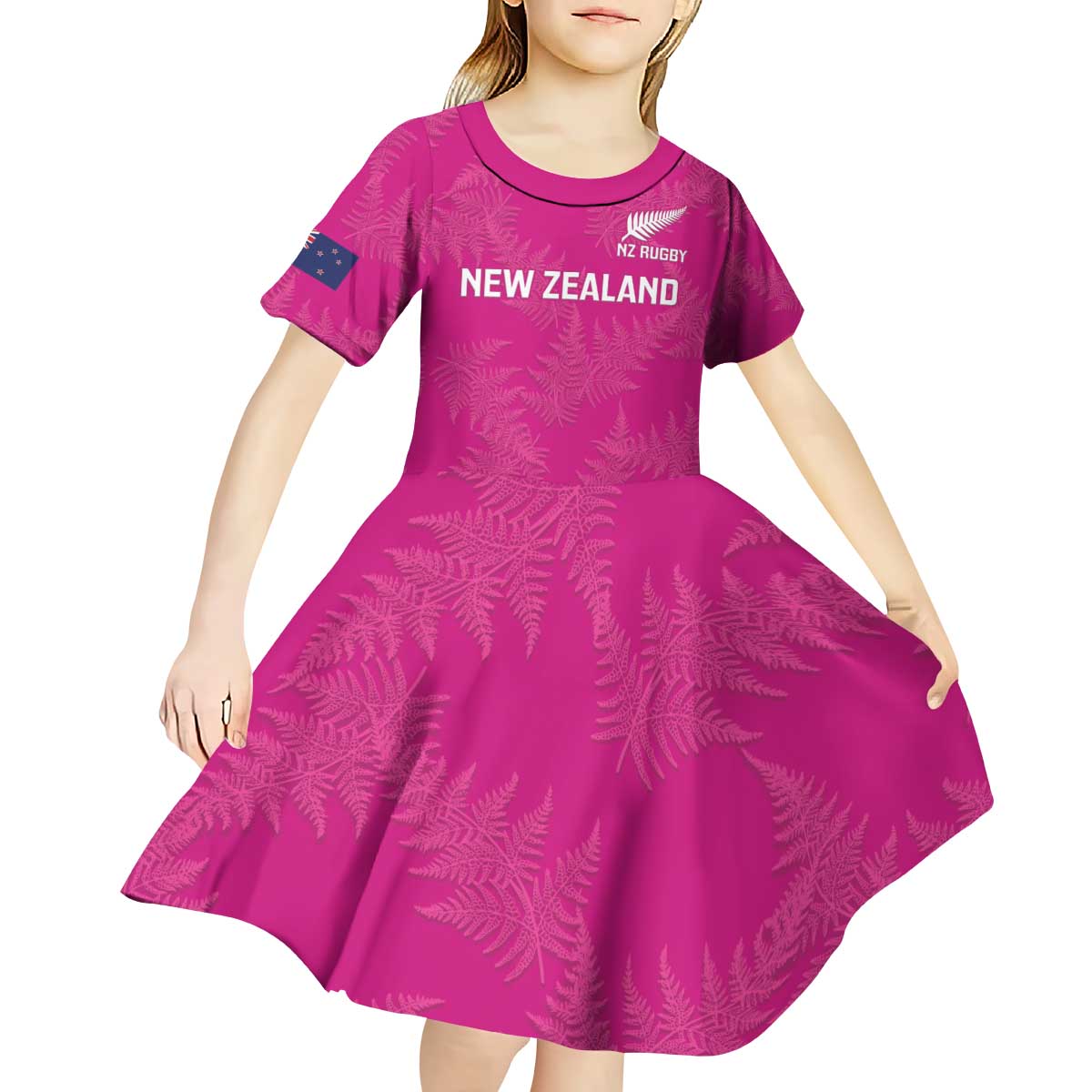 Custom New Zealand Silver Fern Rugby Kid Short Sleeve Dress Go Aotearoa - Pink Version - Vibe Hoodie Shop