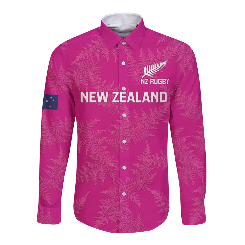 Custom New Zealand Silver Fern Rugby Long Sleeve Button Shirt Go Aotearoa - Pink Version - Vibe Hoodie Shop