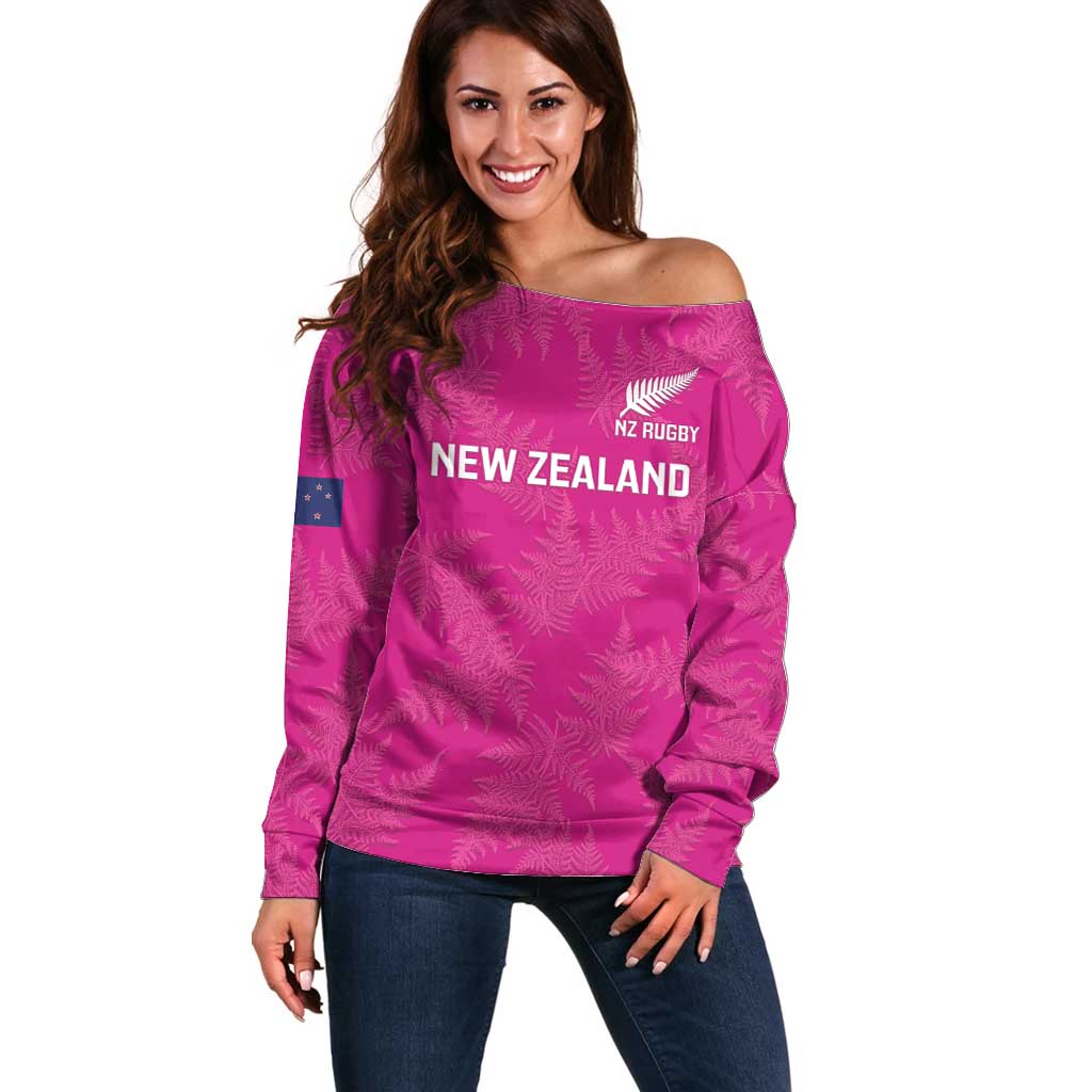 Custom New Zealand Silver Fern Rugby Off Shoulder Sweater Go Aotearoa - Pink Version - Vibe Hoodie Shop