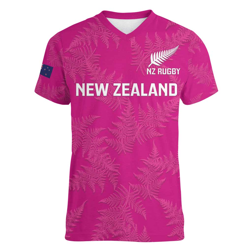 Custom New Zealand Silver Fern Rugby Women V-Neck T-Shirt Go Aotearoa - Pink Version - Vibe Hoodie Shop