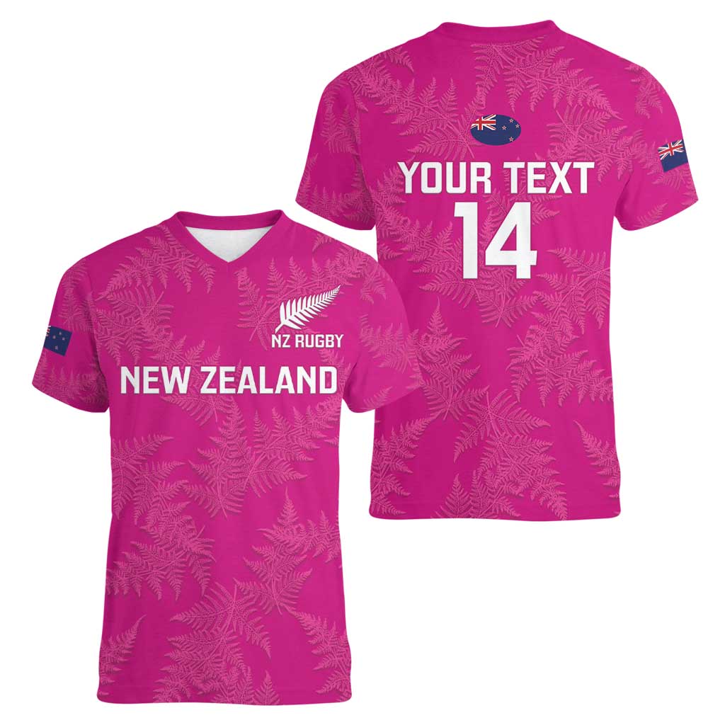 Custom New Zealand Silver Fern Rugby Women V-Neck T-Shirt Go Aotearoa - Pink Version - Vibe Hoodie Shop