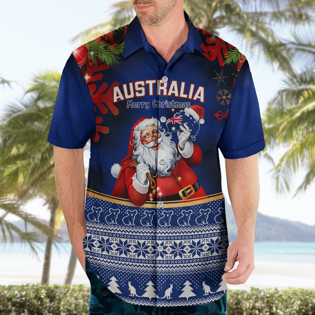 Personalised Christmas In July Hawaiian Shirt Happy Santa Claus With Australia Map Blue Style - Vibe Hoodie Shop