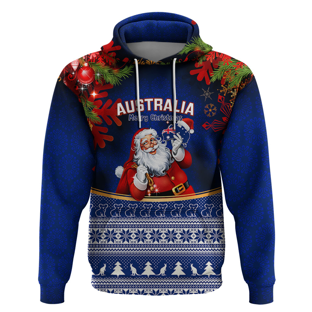Personalised Christmas In July Hoodie Happy Santa Claus With Australia Map Blue Style - Vibe Hoodie Shop